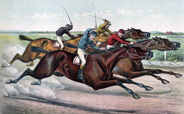 painting of 4 jockeys on four race horses cracking their whips
