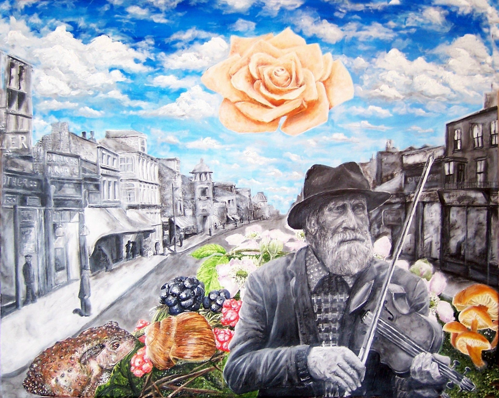 Mixed media, old man playing violin, blue sky, flowers, fruits, shells, toad stools