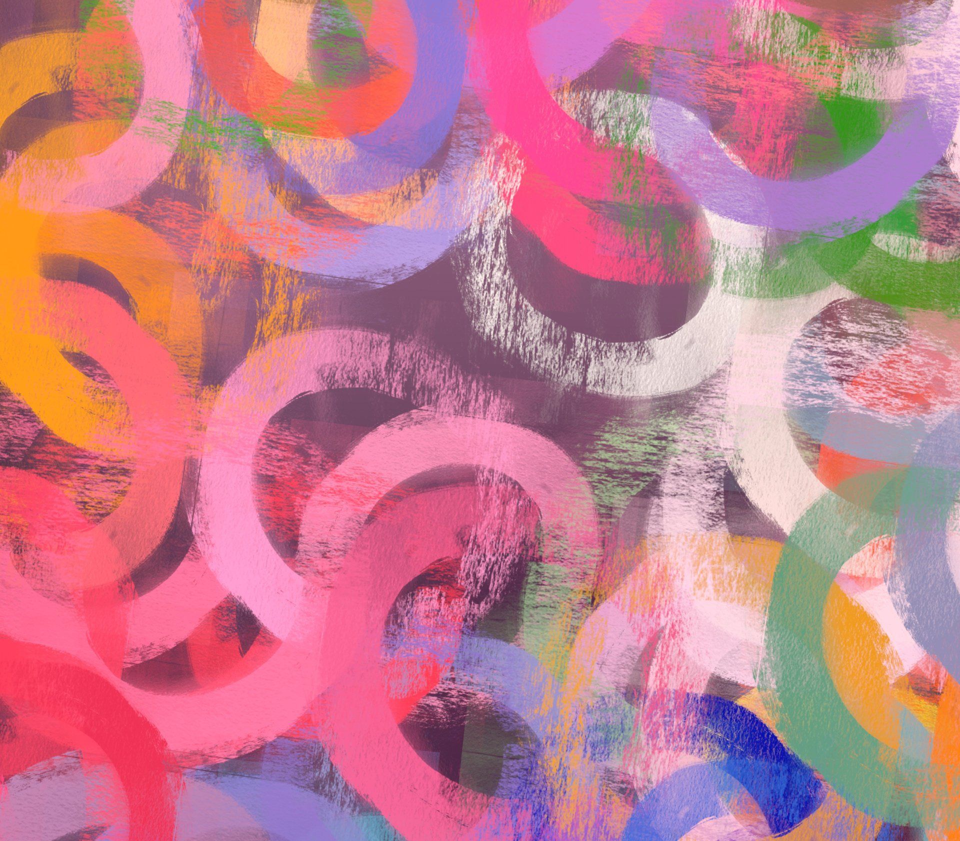 painting of interlocking curls in pink, orange, purple, green, blue, and white