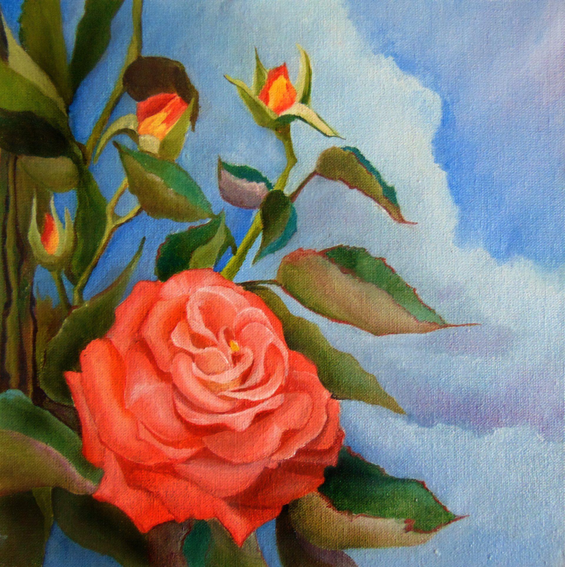 water color painting of a pink-orange rose and rosebuds against a blue sky with clouds