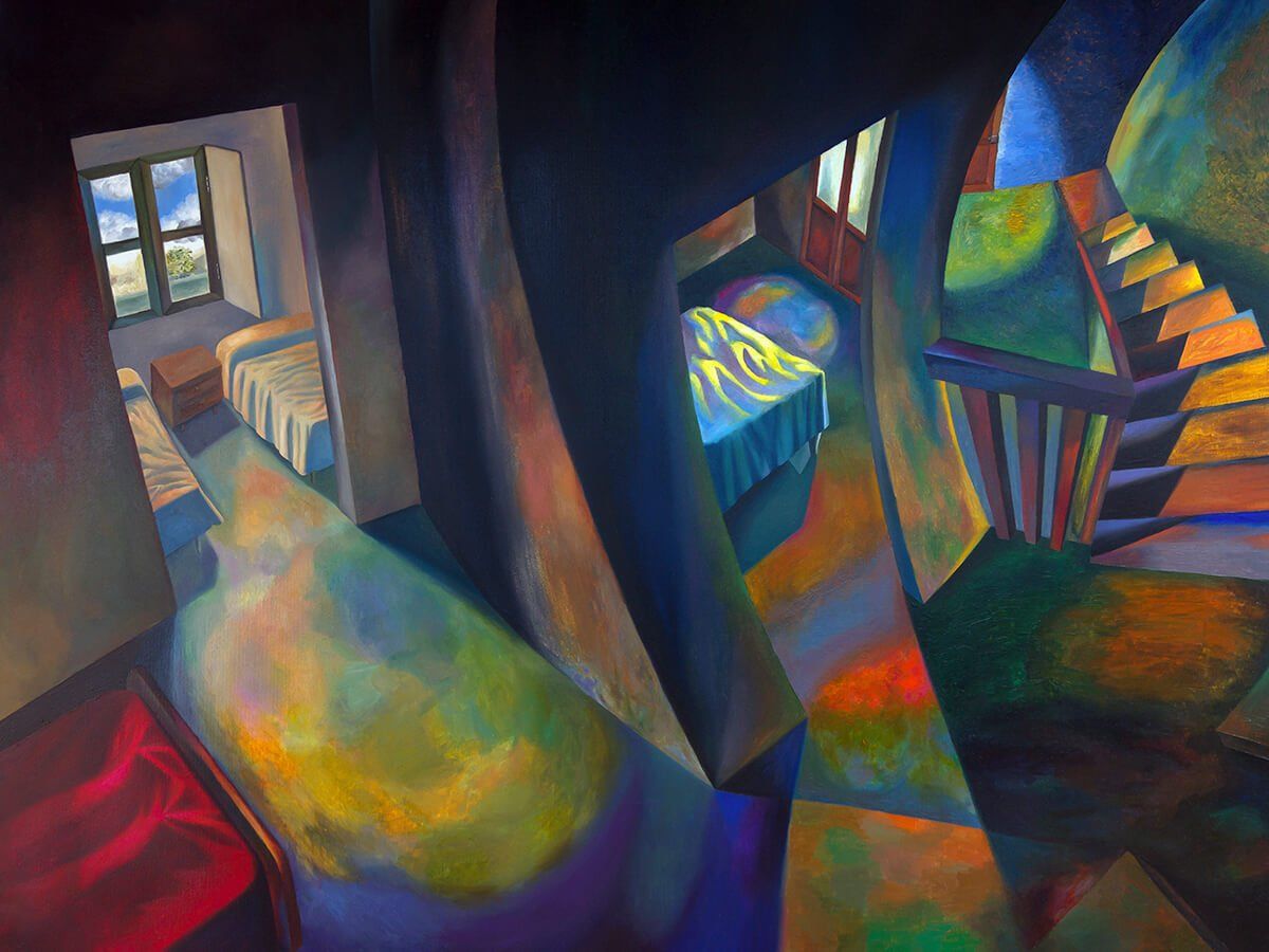 painting of rooms and staircases in greens, blues, oranges and reds