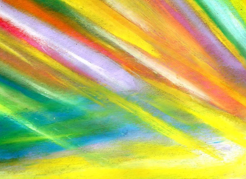 painting of diagonal colors of light in yellow, red, blue, green, and white