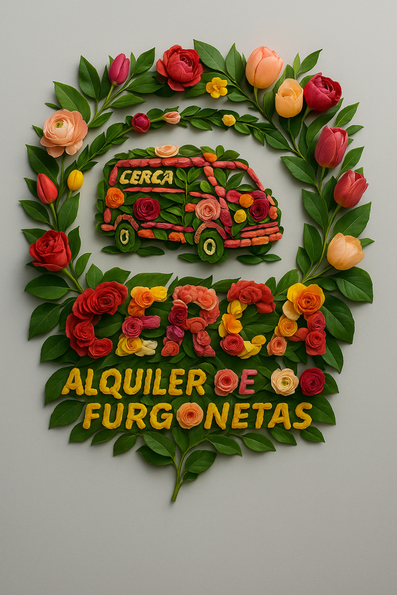 Escultura 3D con el logotipo de Cerca Alquiler de Furgonetas, creada con flores reales como tulipanes, rosas y ranúnculos en colores vivos. Representa el inicio de la temporada alta de alquiler con un diseño elegante y natural. Fondo gris claro, enfoque fotográfico, iluminación suave y sombras realistas. Imagen que simboliza crecimiento, planificación y reserva anticipada.