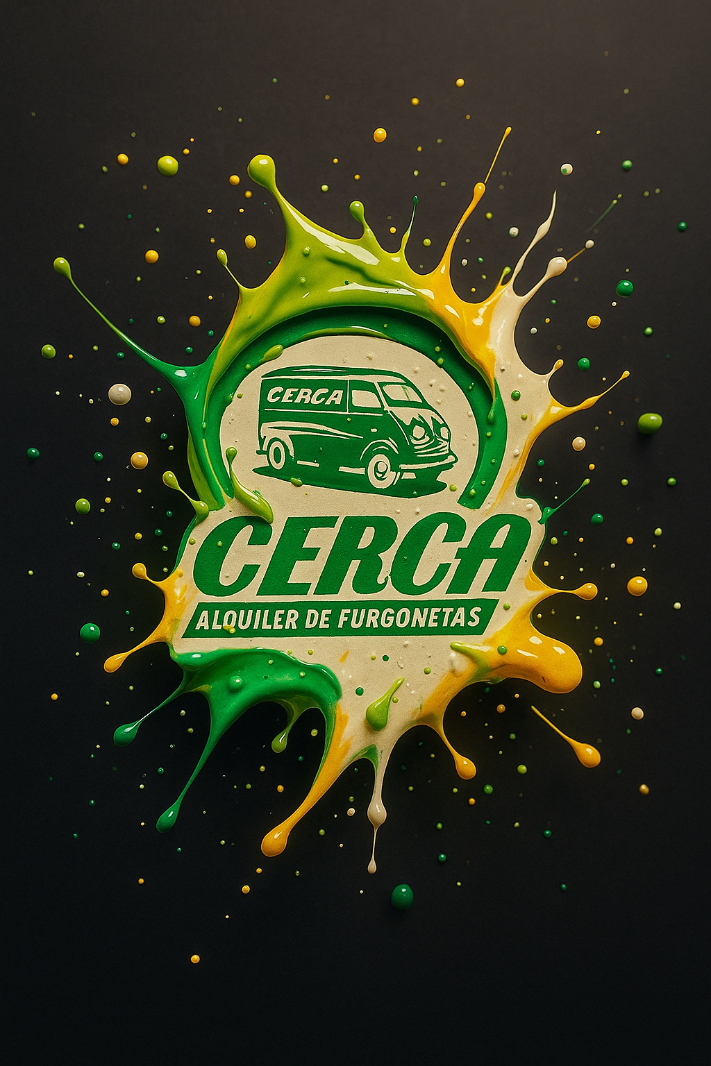 Explosión de energía y color: el logo de CERCA simboliza movimiento, trabajo y acción incluso en fin de semana. Logo de CERCA Alquiler de Furgonetas sobre fondo de explosión creativa en colores vivos, símbolo de energía y trabajo en fin de semana.