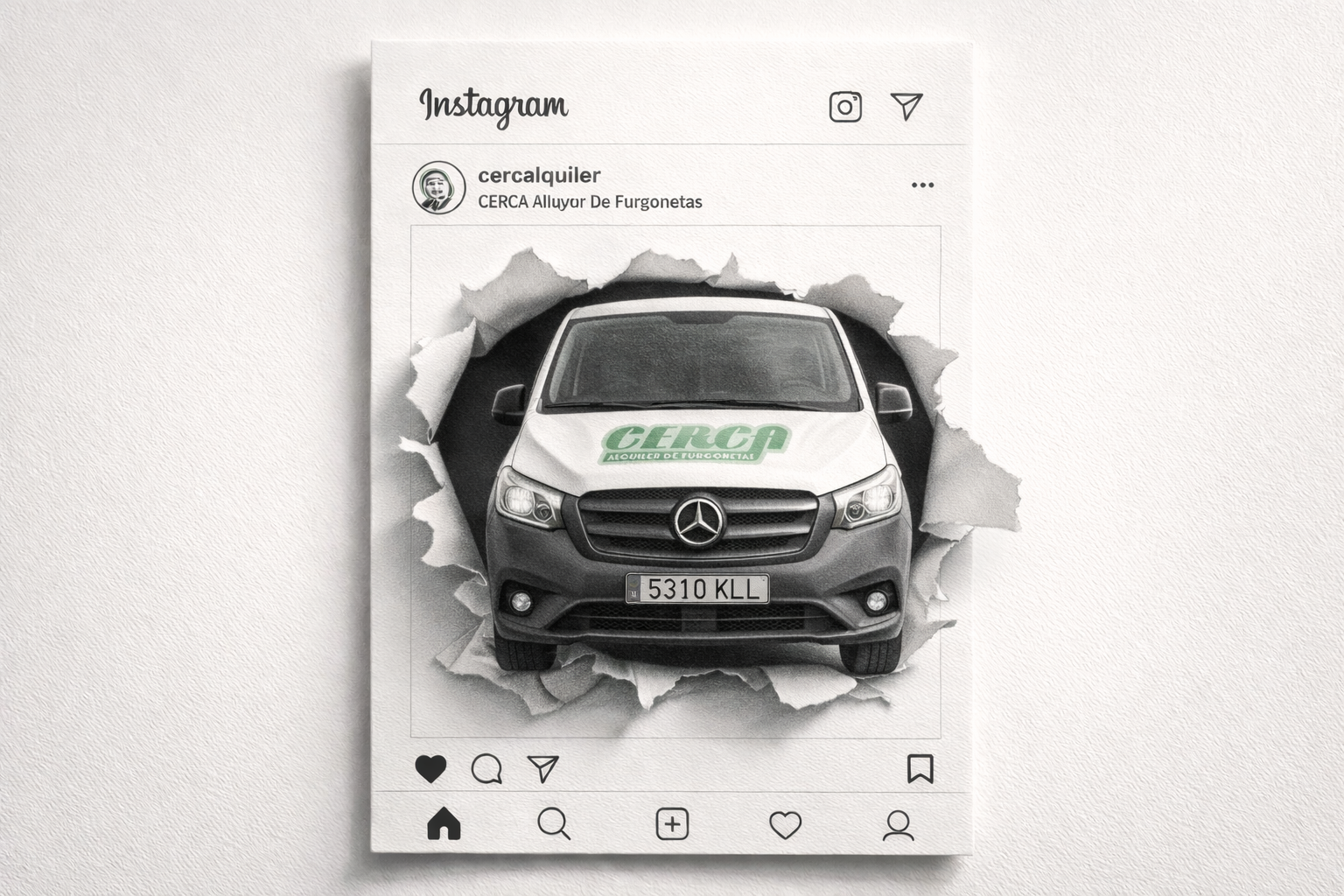 Furgoneta de CERCA Alquiler De Furgonetas saliendo de una publicación de Instagram en efecto 3D.