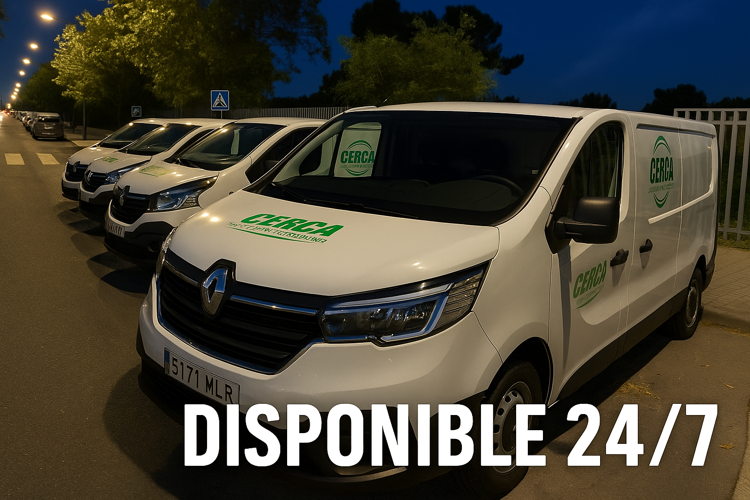 Furgonetas blancas de alquiler de la empresa Cerca Alquiler de Furgonetas aparcadas en el Polígono Urtinsa de Alcorcón al anochecer, con cartel