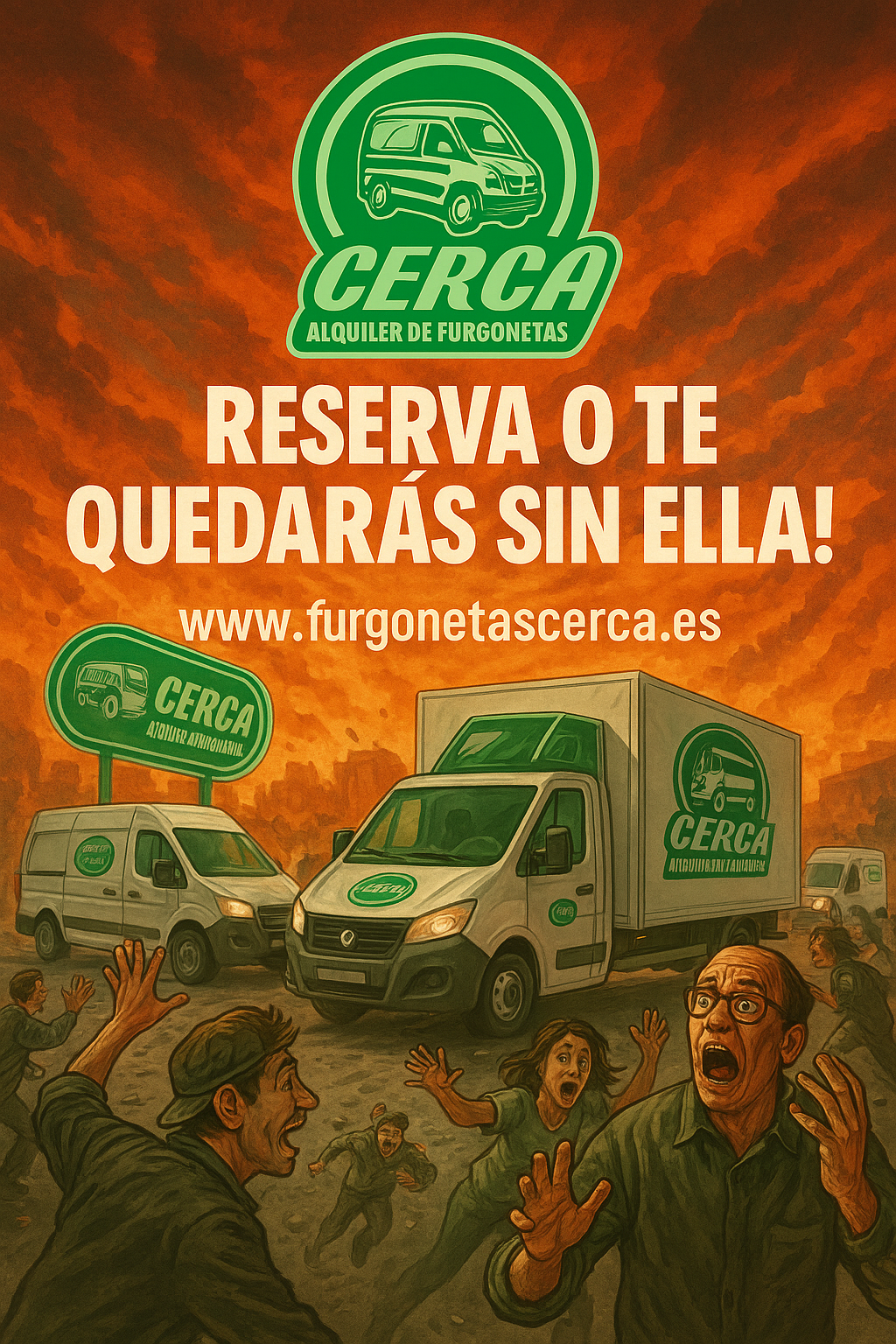 Ilustración apocalíptica promocional de Cerca Alquiler de Furgonetas. Una multitud desesperada corre hacia varias furgonetas con el logo de la empresa bajo un cielo ardiente, mientras el eslogan “Reserva o te quedarás sin ella” domina la escena en letras gigantes. El logotipo de Cerca brilla intensamente sobre el caos, acompañado de la web www.furgonetascerca.es.