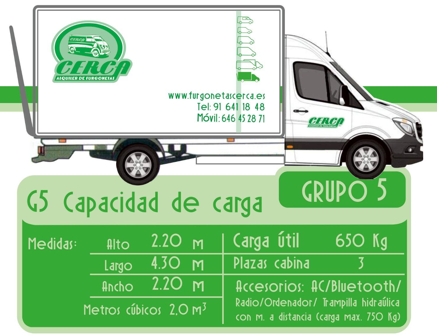Ficha del Grupo 5: carrozado de caja cerrada con trampilla elevadora, medidas y capacidad. Cerca Alquiler de Furgonetas