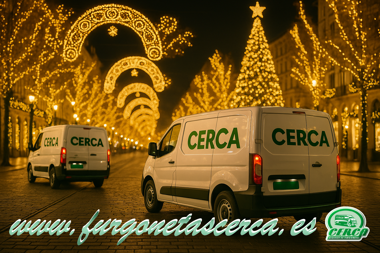 Furgonetas Cerca circulando por una ciudad iluminada de Navidad, estilo anuncio navideño.