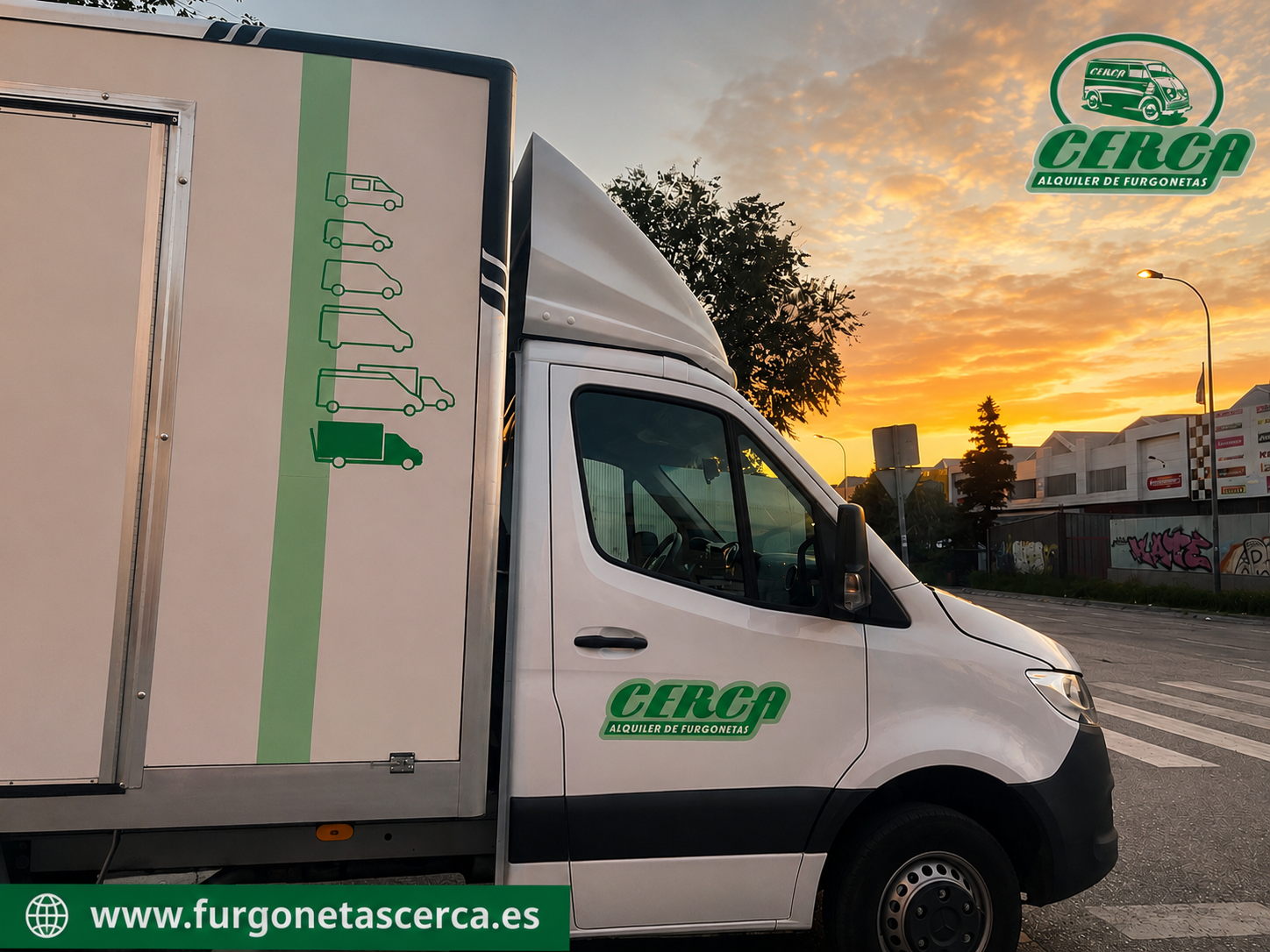 Cami贸n de Cerca Alquiler De Furgonetas al amanecer en Madrid con branding corporativo