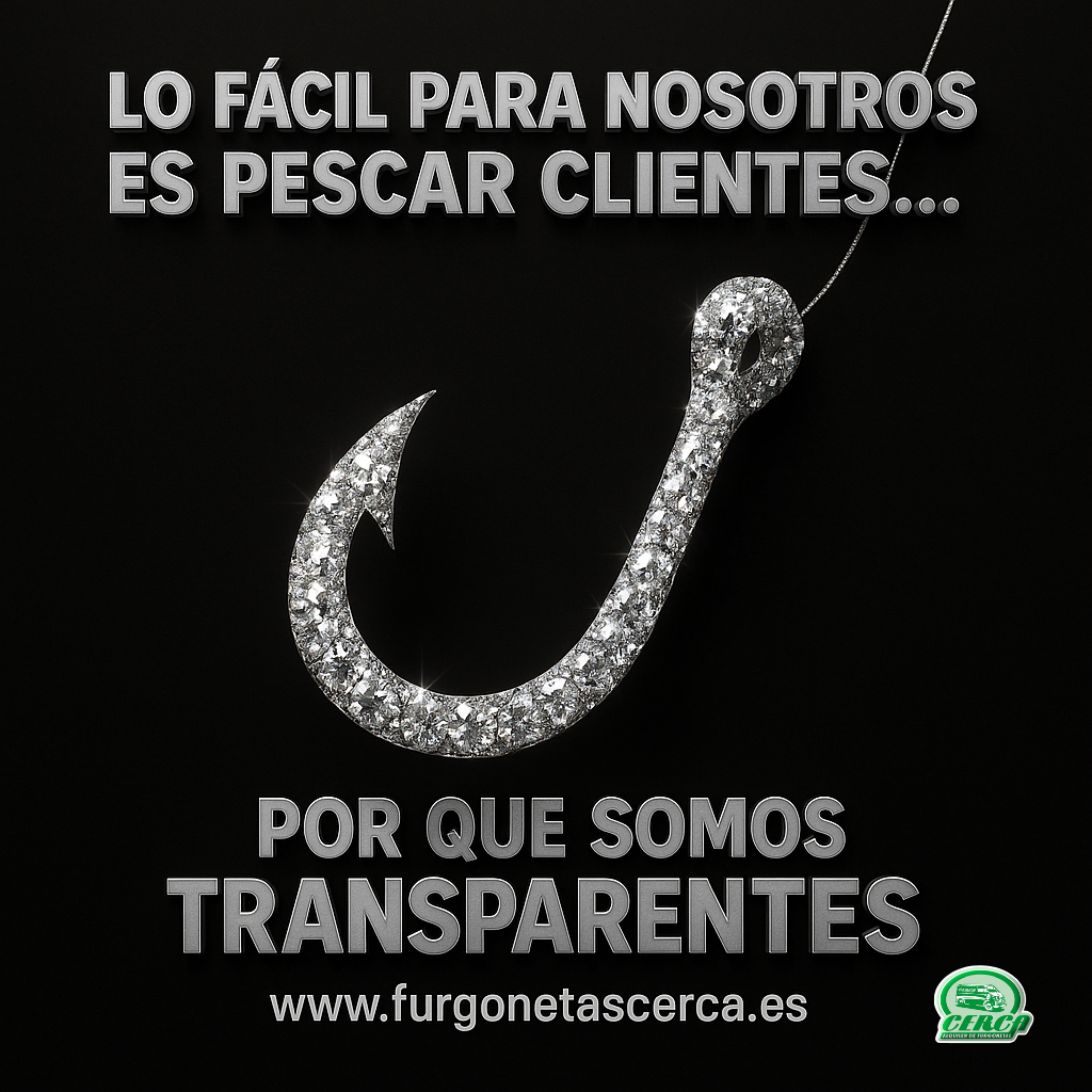 Empieza la semana con la furgoneta adecuada. En Cerca Alquiler De Furgonetas tienes varios tamaños y tarifas para ajustar tu transporte con transparencia y sin sorpresas. Anzuelo brillante con mensaje corporativo “Lo fácil para nosotros es pescar clientes, porque somos transparentes” de Cerca Alquiler De Furgonetas, sobre fondo oscuro, imagen publicitaria.