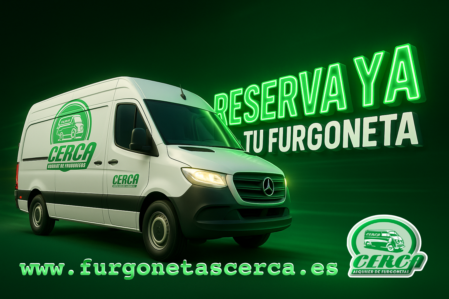 “Banner 3D corporativo de Cerca Alquiler de Furgonetas con furgoneta Mercedes rotulada.