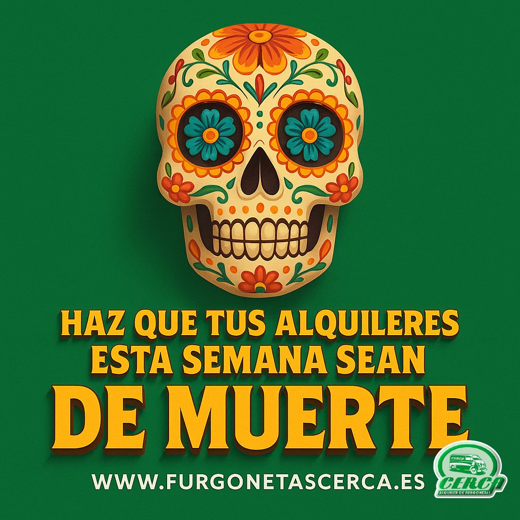 Calavera mexicana sobre fondo verde corporativo con mensaje “Haz que tus alquileres sean de muerte”.