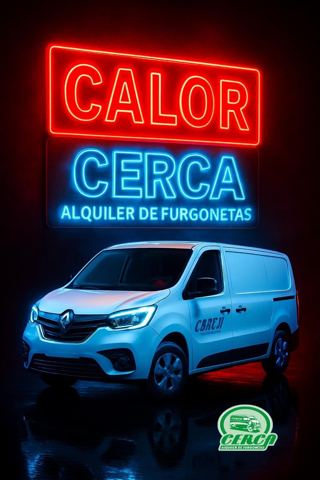 Sigue trabajando a pesar del calor, pero hazlo en una furgoneta bien equipada de Cerca. Furgoneta blanca de Cerca Alquiler de Furgonetas iluminada con luces de neón rojo y azul, junto al texto “CALOR CERCA ALQUILER DE FURGONETAS”.