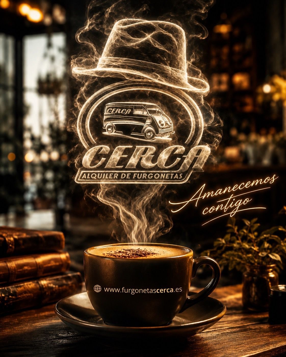Cerca Alquiler De Furgonetas acompaña a Madrid desde primera hora de la mañana con furgonetas listas para trabajar. Taza de café humeante con el logo de Cerca Alquiler De Furgonetas formado en el vapor y ambiente cálido de madrugada. Imagen inspirada en el arranque temprano del trabajo en Madrid.