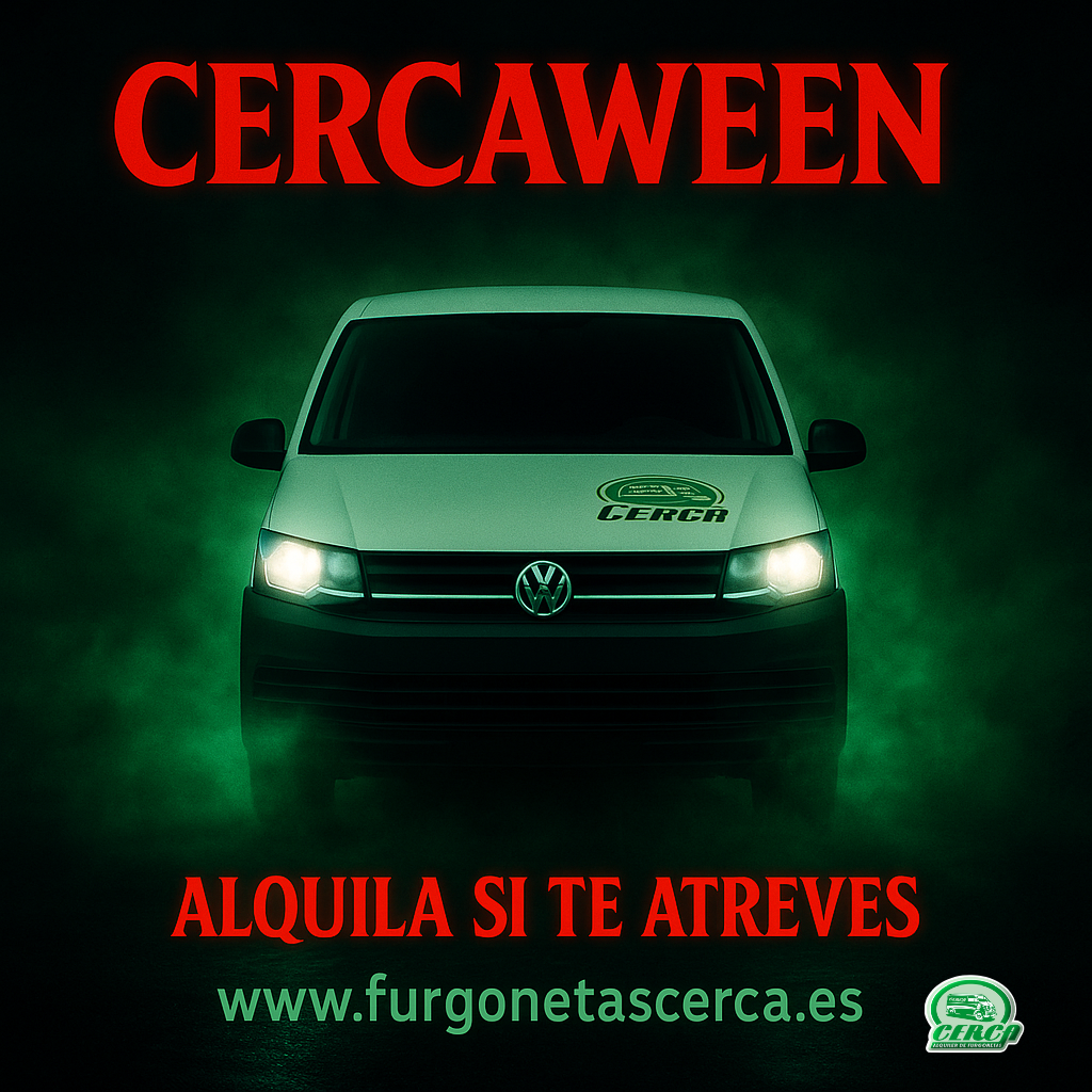 Furgoneta de Cerca Alquiler De Furgonetas avanzando entre niebla verde con luces encendidas.