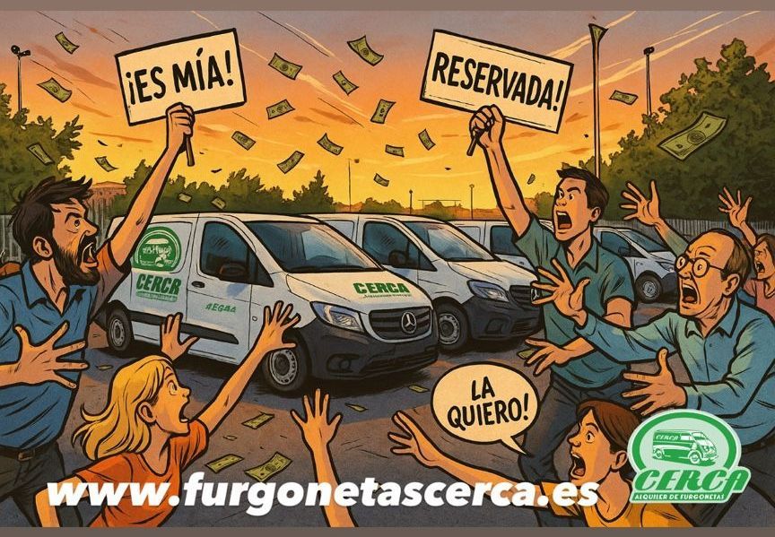 Ilustración estilo cómic de varias personas compitiendo en una puja simbólica por furgonetas de