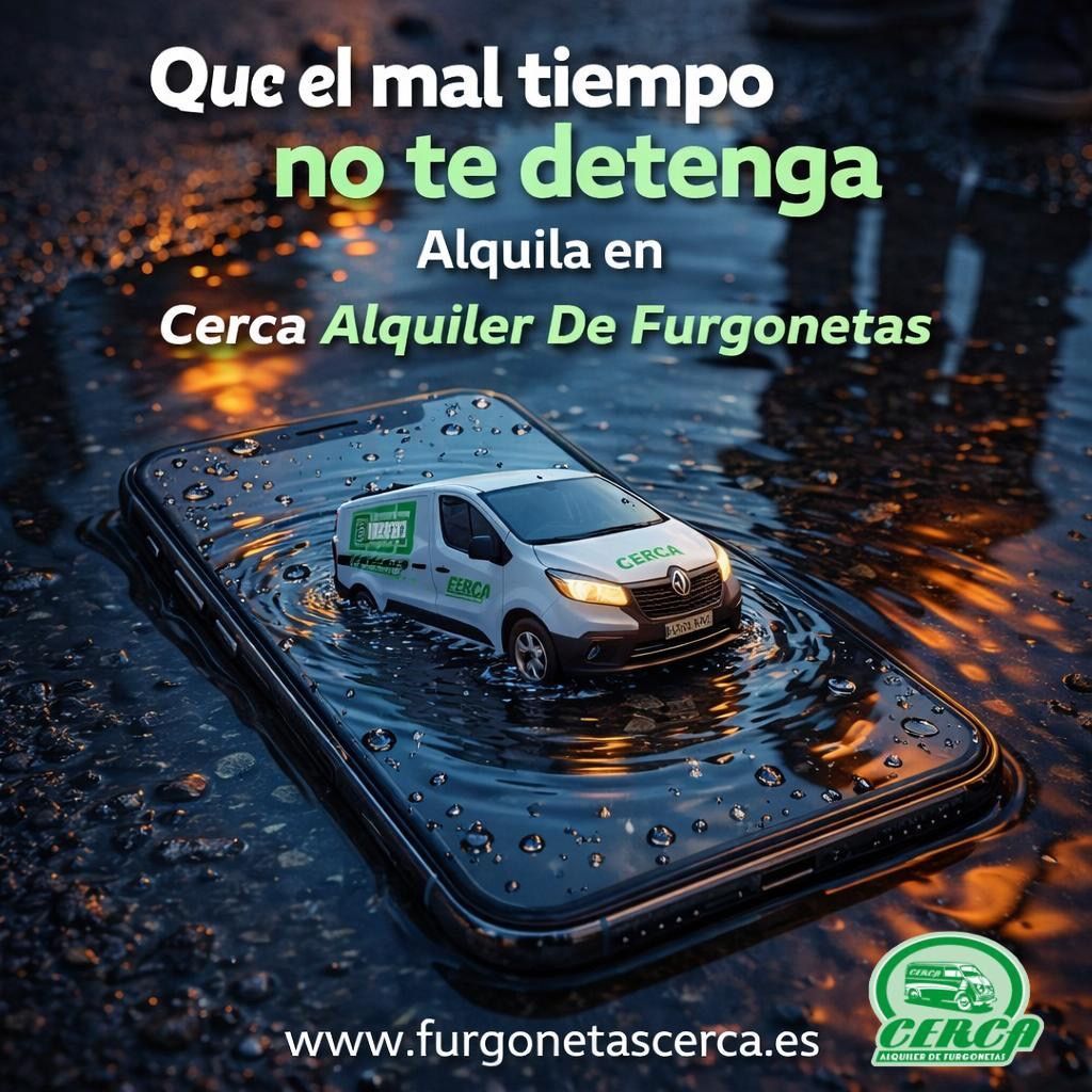 Aunque llueva o haga mal tiempo, en Cerca Alquiler De Furgonetas seguimos ofreciendo un servicio cercano, rápido y fiable para que no te detengas. Furgoneta de Cerca Alquiler De Furgonetas saliendo de un móvil bajo la lluvia, simbolizando que el mal tiempo no detiene el alquiler de furgonetas.