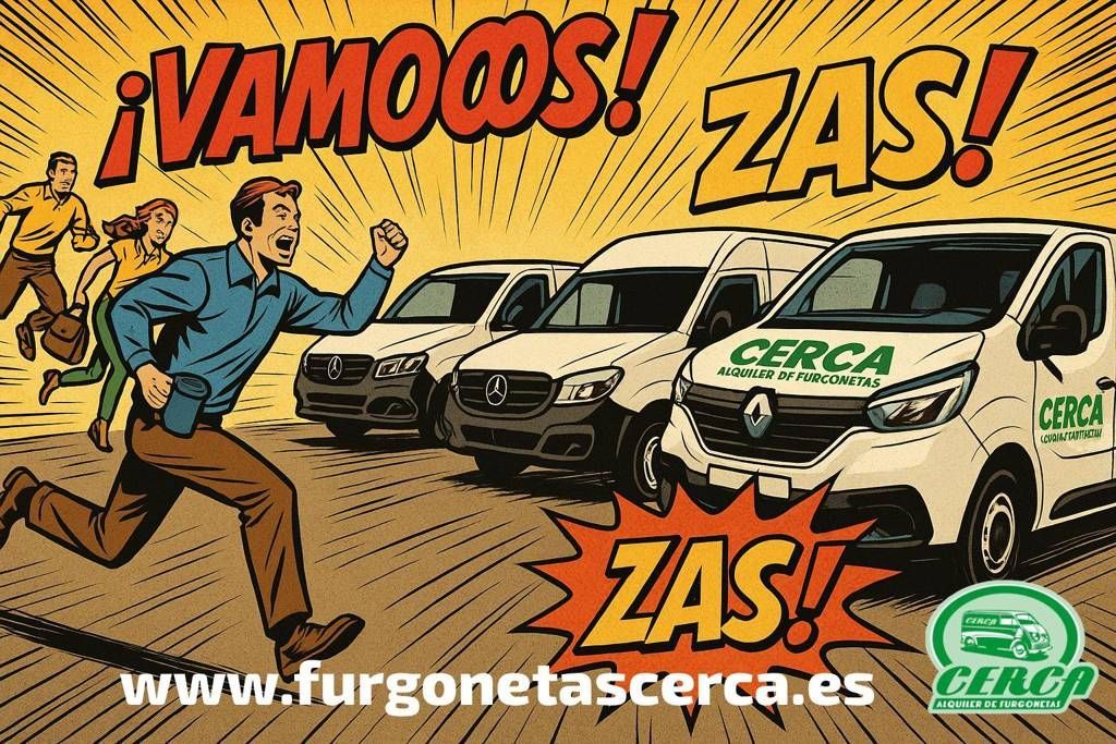 Ilustración estilo cómic vintage donde varias personas corren hacia furgonetas de