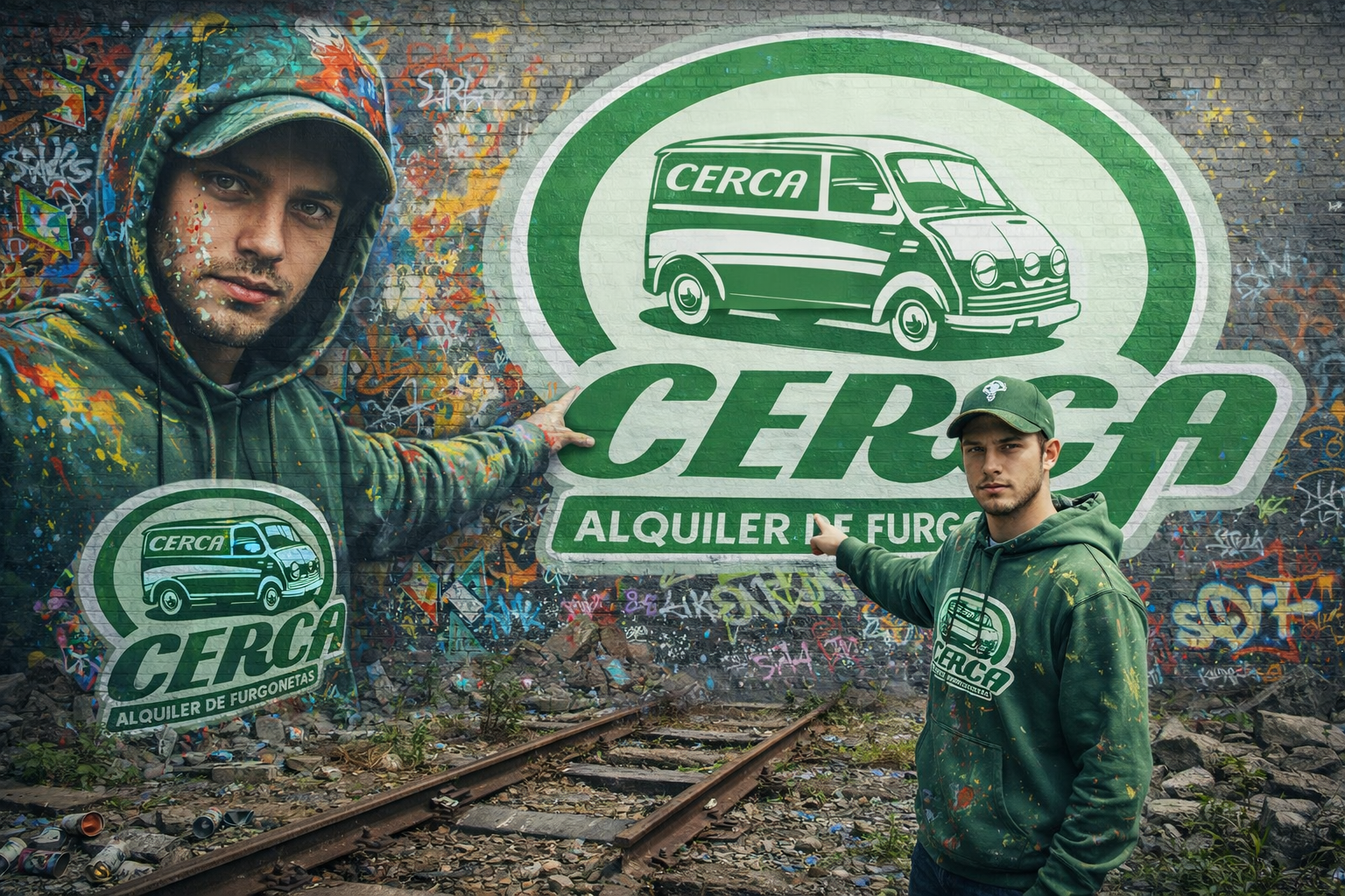 Mural de arte urbano fotorrealista con el logo oficial de Cerca Alquiler De Furgonetas pintado