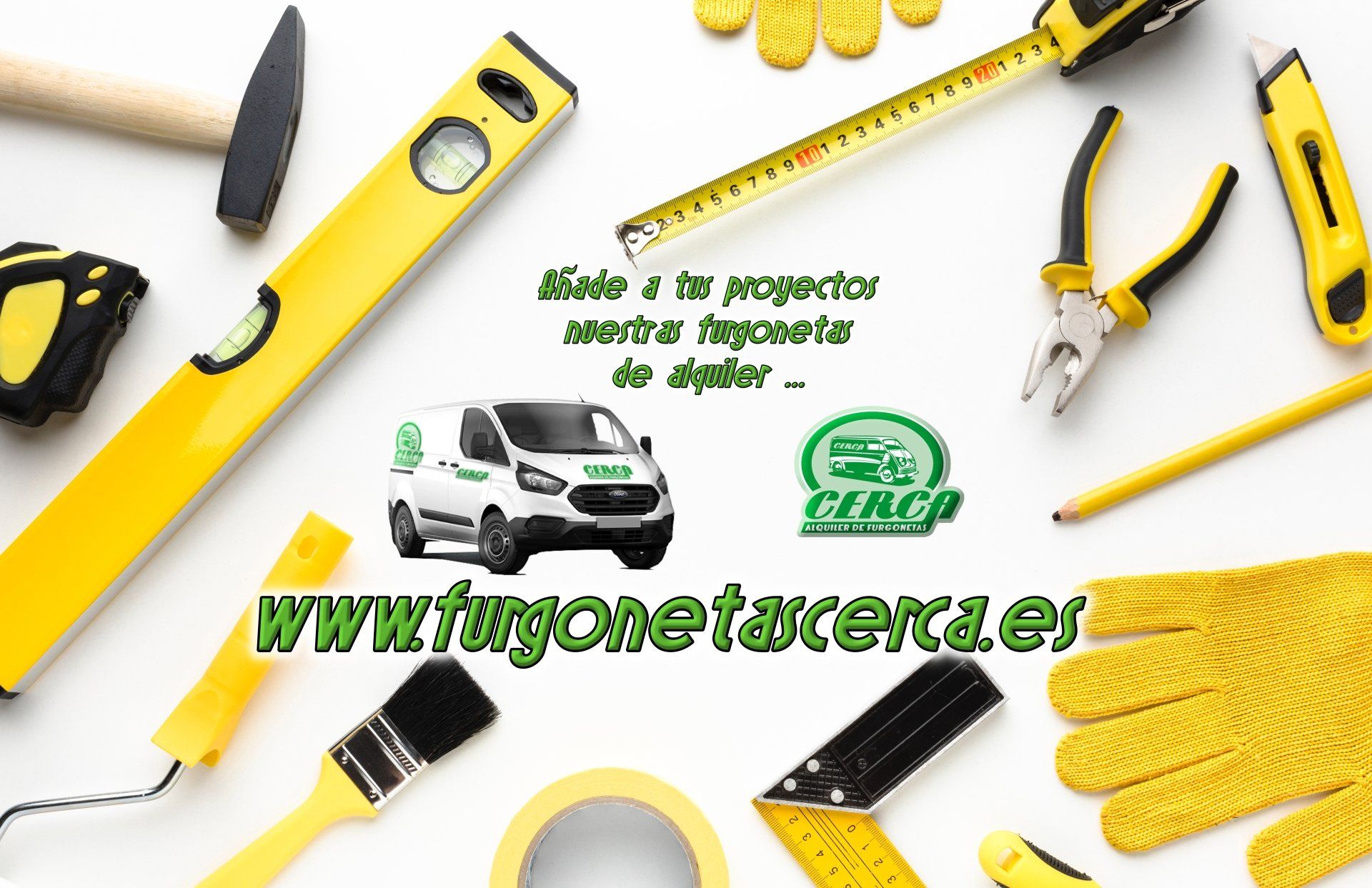 Herramientas de bricolaje y pintura junto al logo de CERCA; furgonetas para trasladar materiales de