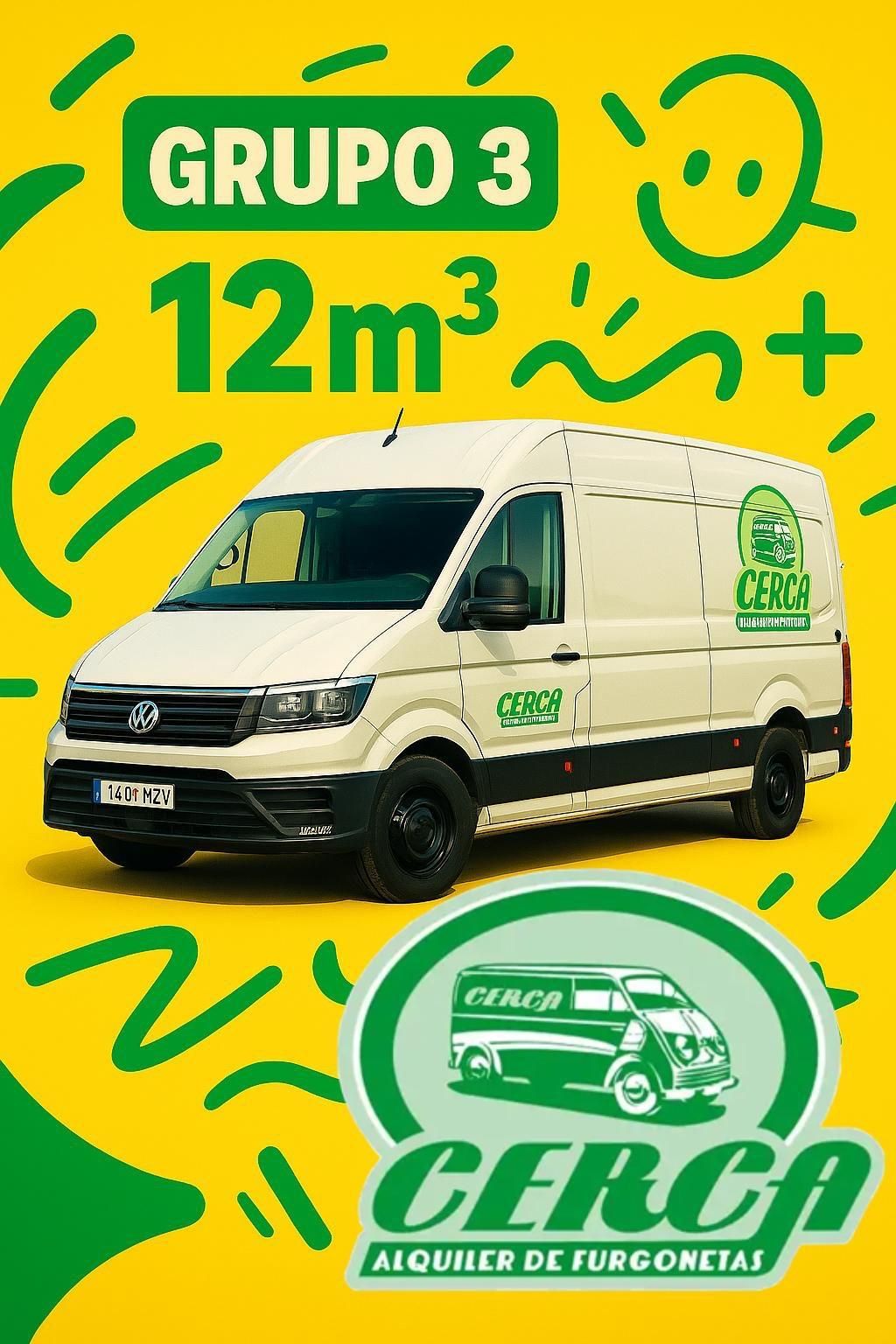 Grupo 3 – Furgoneta de 12m³ disponible en Cerca Alquiler de Furgonetas. Ideal para cargas grandes y mudanzas. Furgoneta Volkswagen Crafter del Grupo 3 de Cerca Alquiler de Furgonetas, con 12m³ de capacidad, aparcada en Alcorcón y rotulada con el logo oficial.