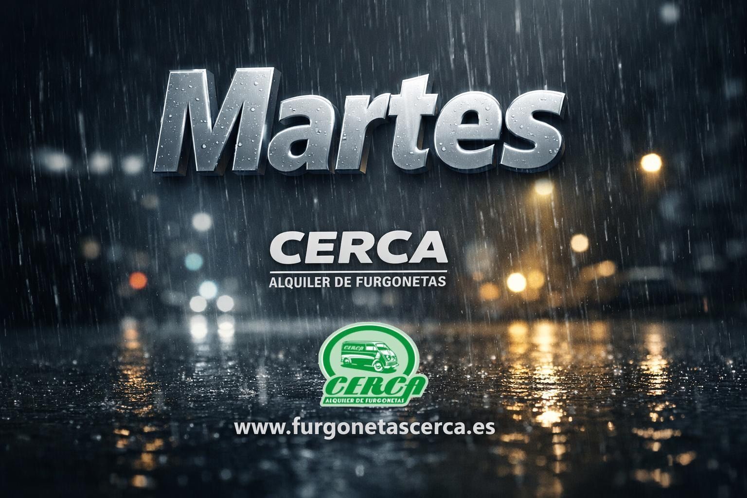 Cerca Alquiler De Furgonetas ilumina tu logística en Madrid incluso en días nublados. Reserva online fácil y rápida. Martes con logo Cerca Alquiler De Furgonetas