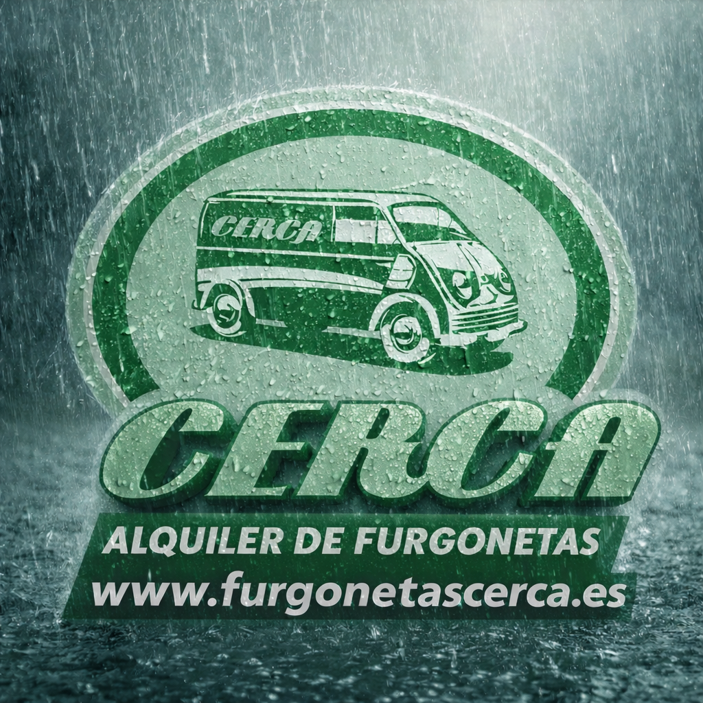 Logo 3D de Cerca Alquiler De Furgonetas™ animado bajo la lluvia.