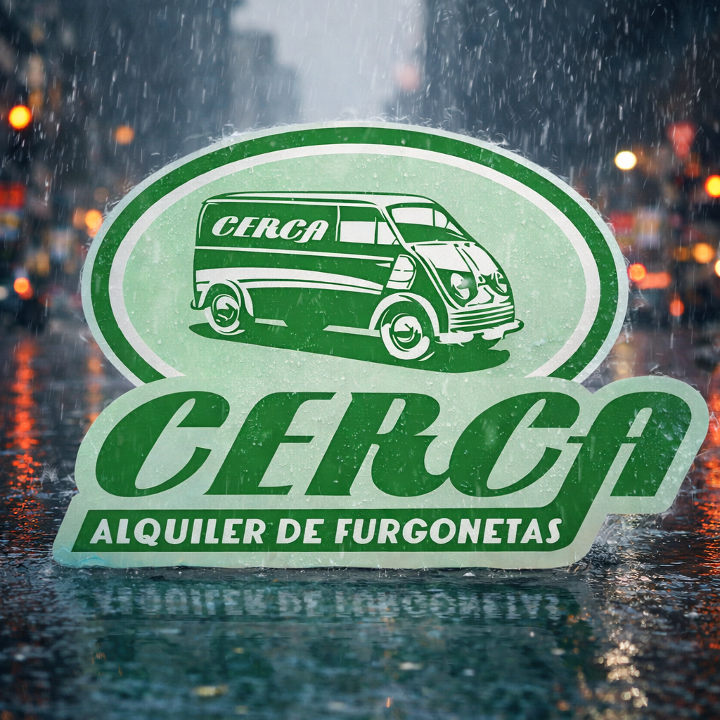 Furgoneta de Cerca Alquiler De Furgonetas representada en una escena urbana bajo la lluvia,