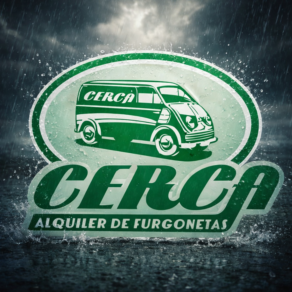 Logo de Cerca Alquiler De Furgonetas bajo lluvia intensa anunciando disponibilidad para el finde