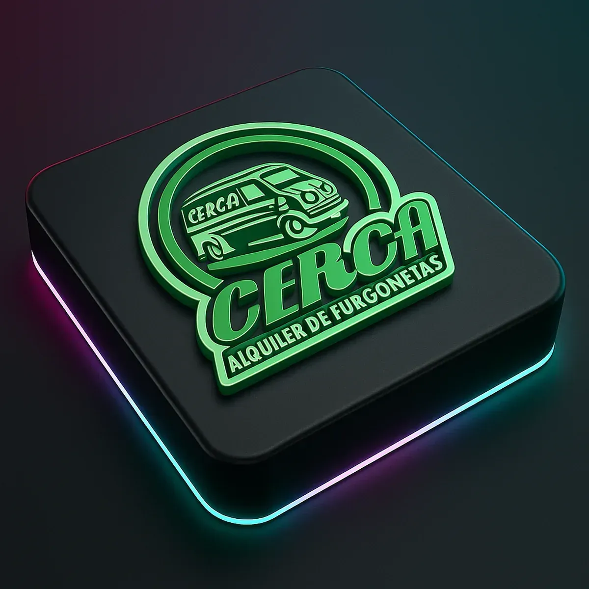 Representación digital moderna del logotipo de Cerca, símbolo de confianza y tecnología Render 3D del logo de Cerca Alquiler de Furgonetas sobre plataforma negra con iluminación RGB