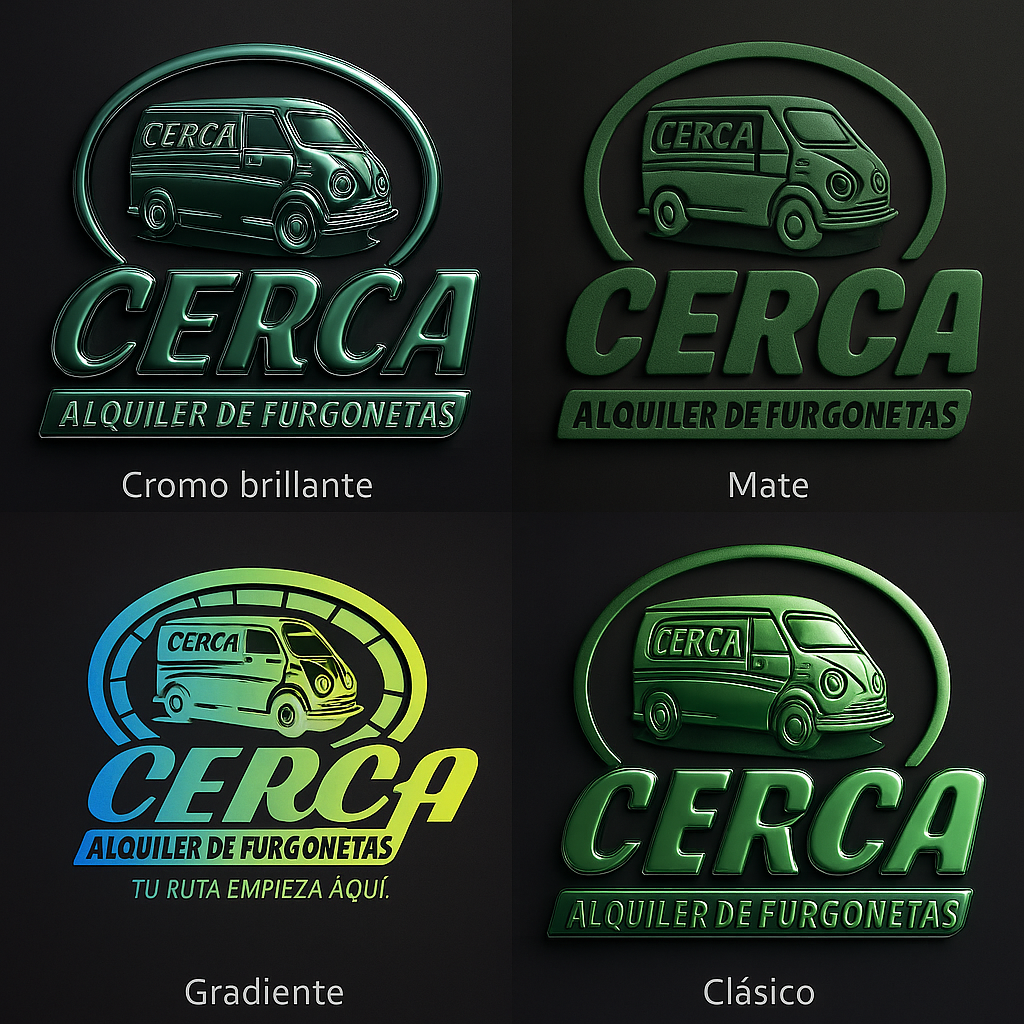 La identidad de marca de Cerca Alquiler de Furgonetas: diferentes acabados, siempre el mismo espíritu de servicio cercano. Collage con distintos estilos del logo de Cerca Alquiler de Furgonetas, mostrando su identidad en versiones cromada, mate, gradiente y clásica.