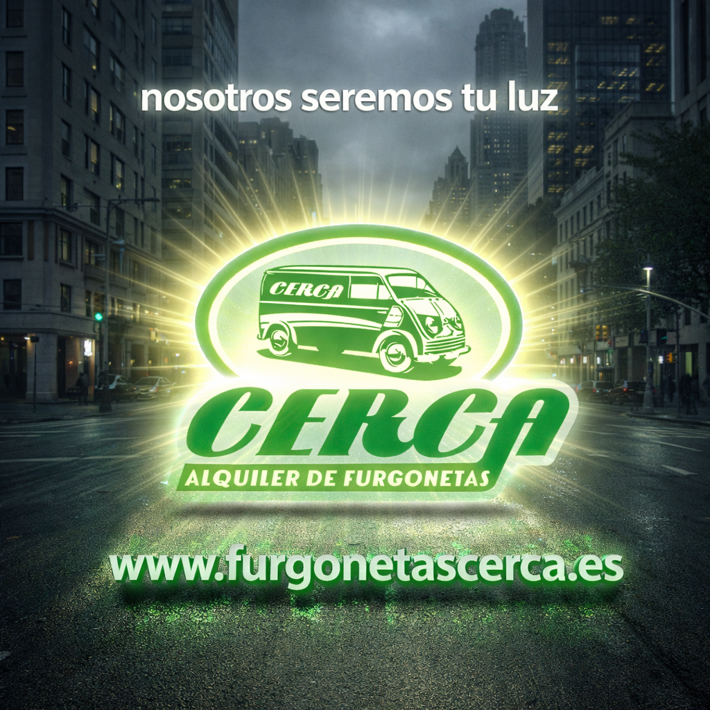 Logo de Cerca Alquiler De Furgonetas iluminando una ciudad nublada en Madrid.