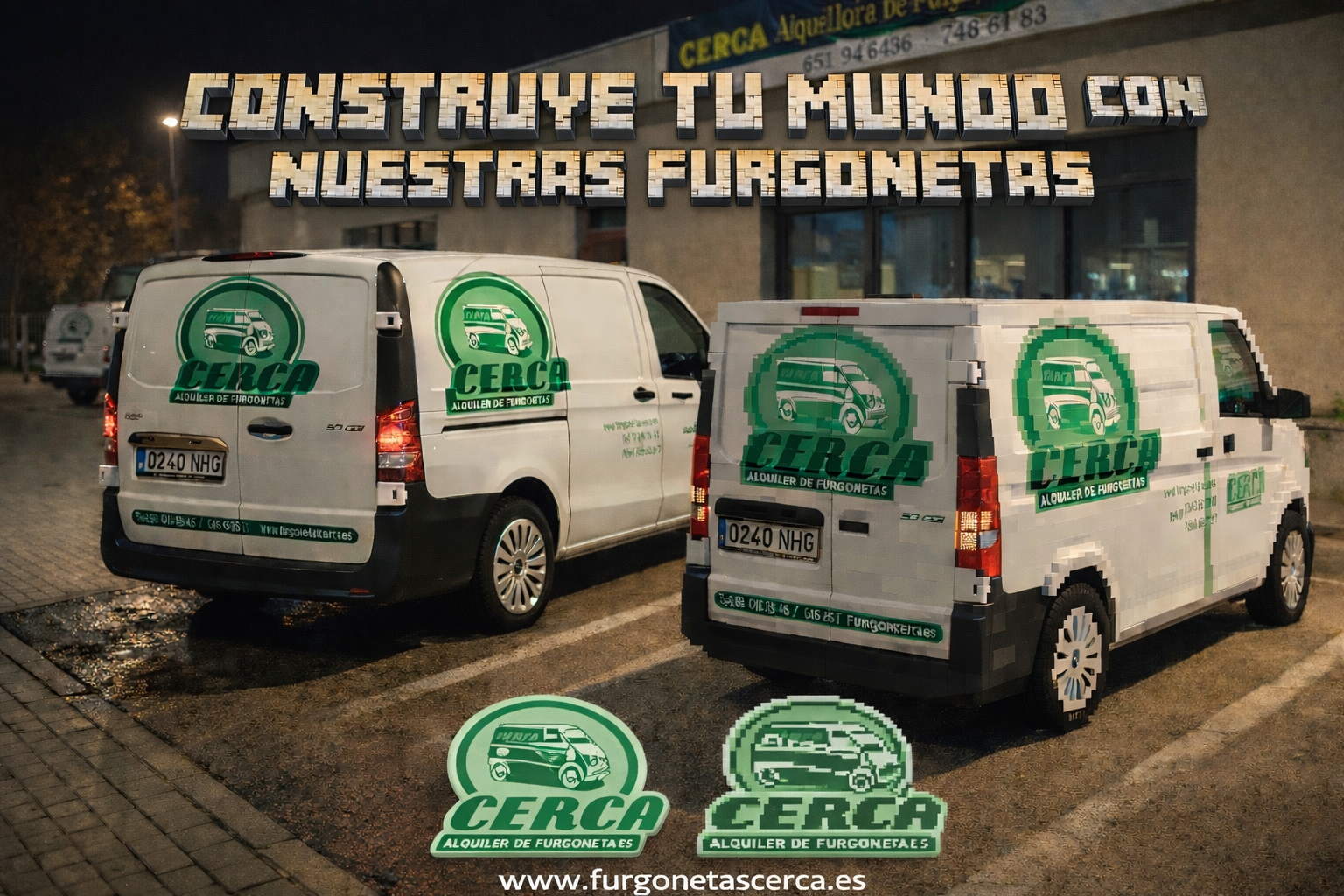 Furgoneta real de Cerca Alquiler De Furgonetas junto a una versión estilo Minecraft hecha de bloques