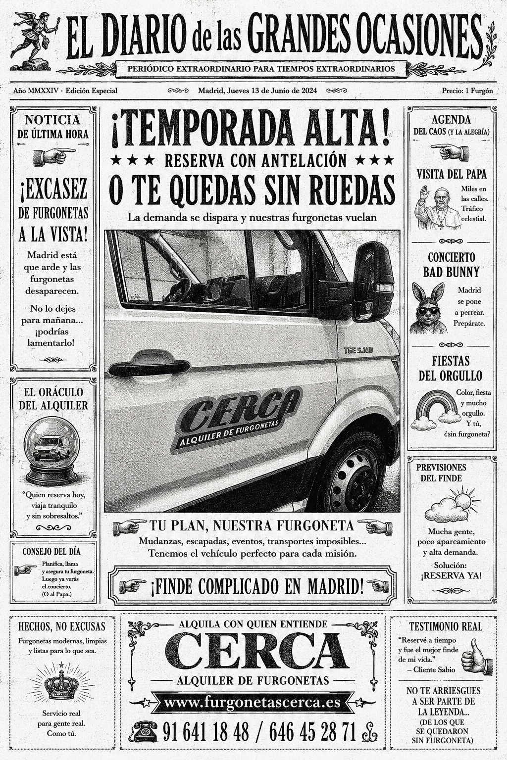 ? Portada de periódico antiguo sobre la escasez de furgonetas de alquiler en Madrid