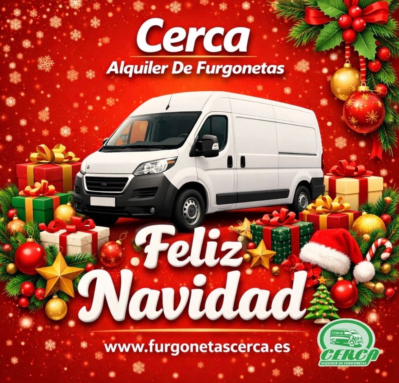Furgoneta de CERCA ALQUILER DE FURGONETAS con decoración navideña y mensaje de Feliz Navidad.