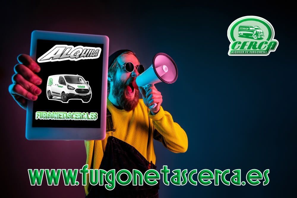 Hombre con megáfono y tablet anunciando alquiler en Cerca Alquiler de Furgonetas, junto al logo y we