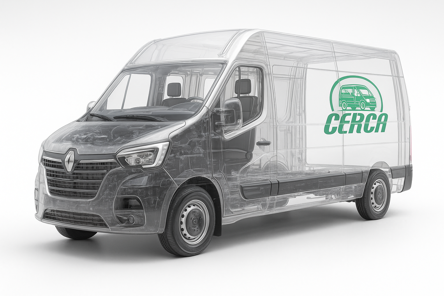 Imagen conceptual de transparencia: precios claros y condiciones sin letra pequeña en Cerca Alquiler De Furgonetas. Furgoneta translúcida con el logo de Cerca Alquiler De Furgonetas, concepto de alquiler transparente en Alcorcón, vista tres cuartos sobre fondo blanco.
