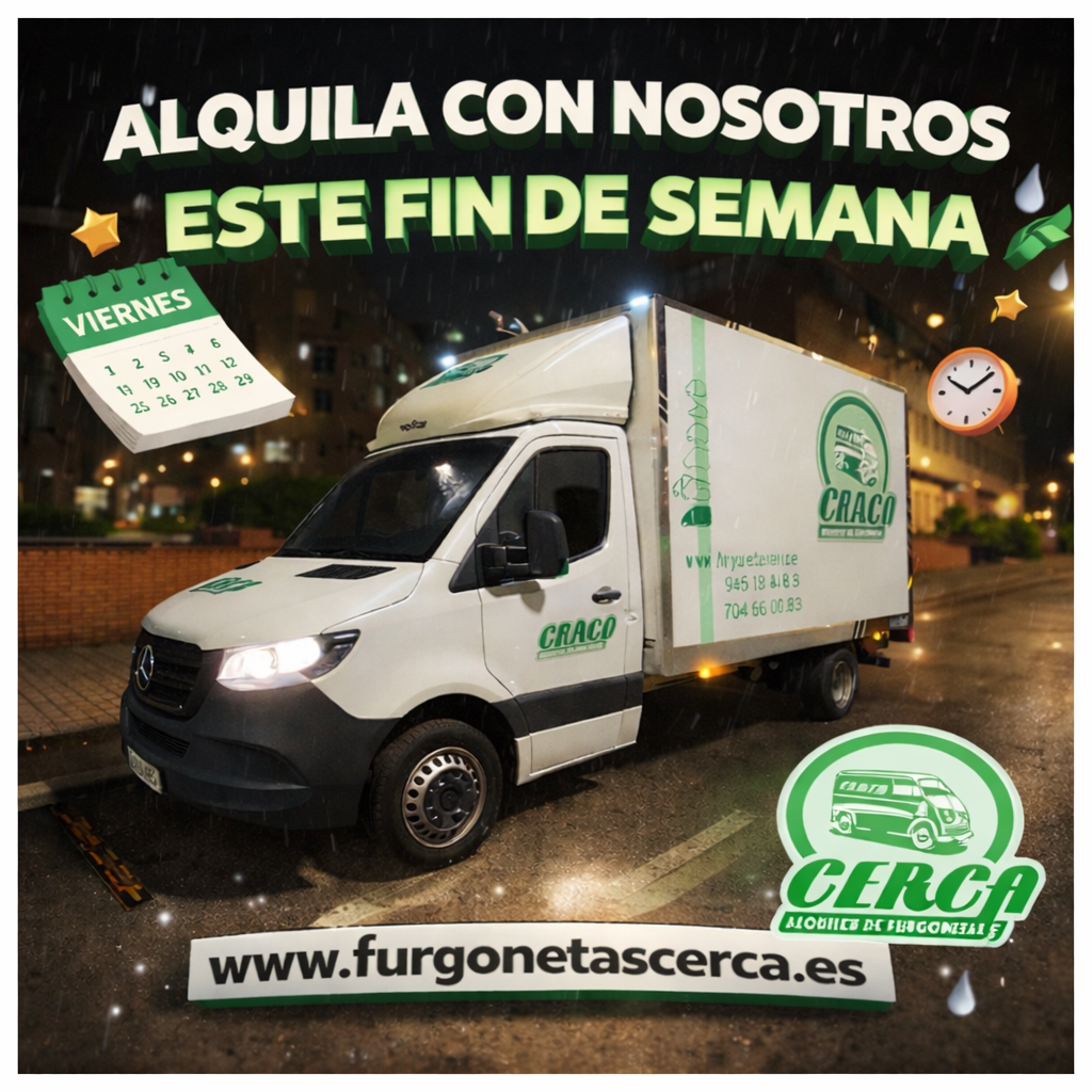 Alquiler de furgonetas disponible también los fines de semana. Furgoneta de Cerca Alquiler de Furgonetas circulando de noche bajo la lluvia, servicio disponible para alquilar furgonetas el fin de semana en Madrid.