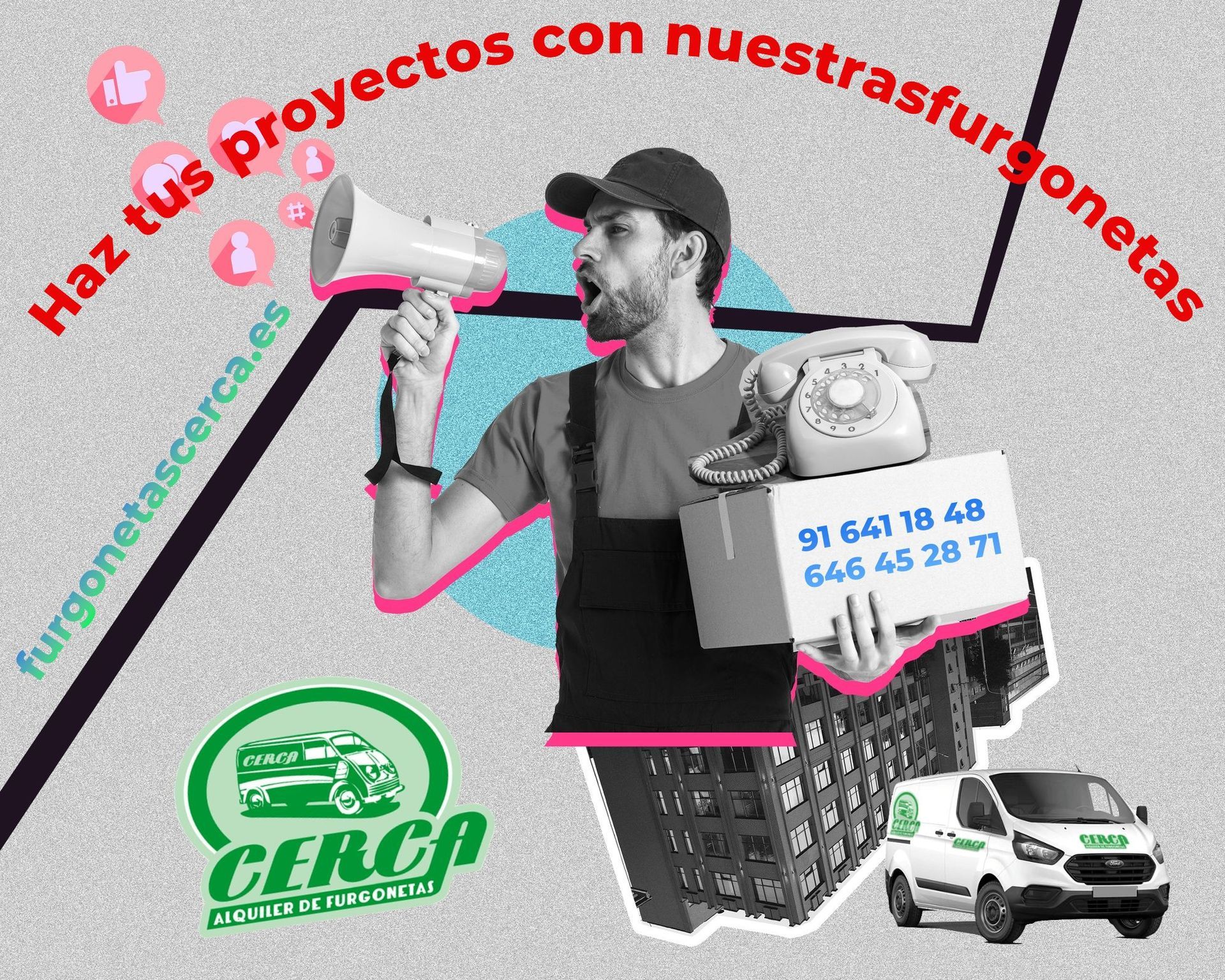 Persona con megáfono promocionando alquiler de furgonetas Cerca.