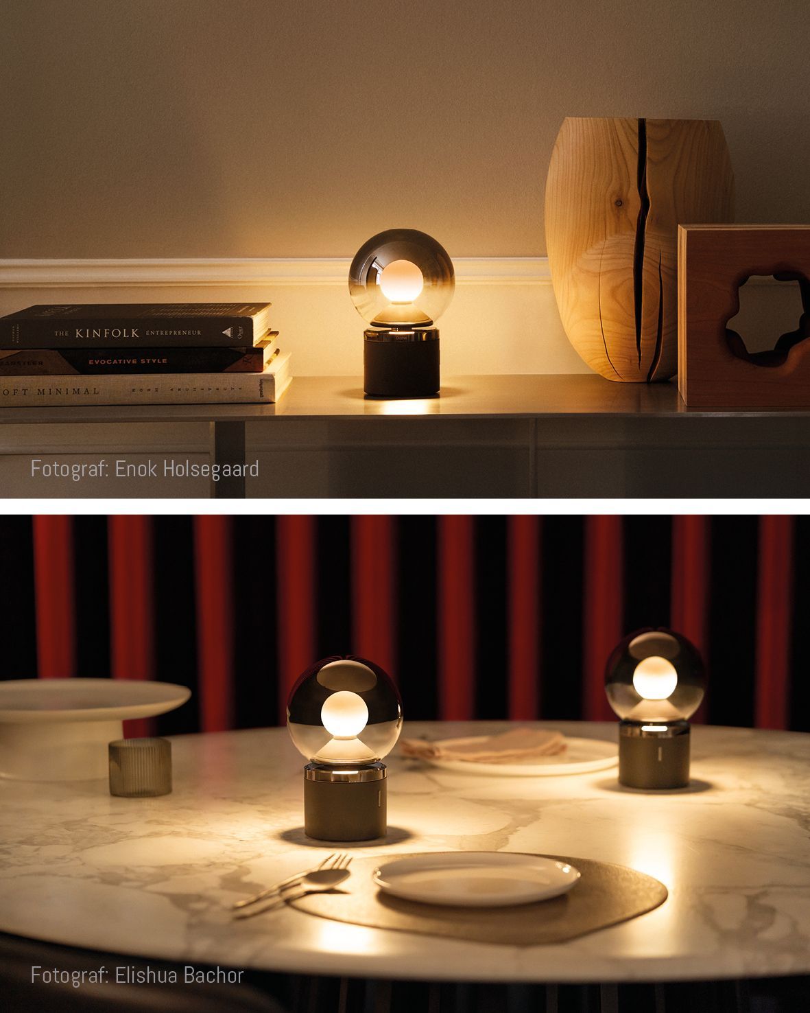 Zwei Abbildungen von einer Tischleuchte mit kugelförmigem Leuchtkörper auf einem Sideboard und auf einem gedeckten Tisch
