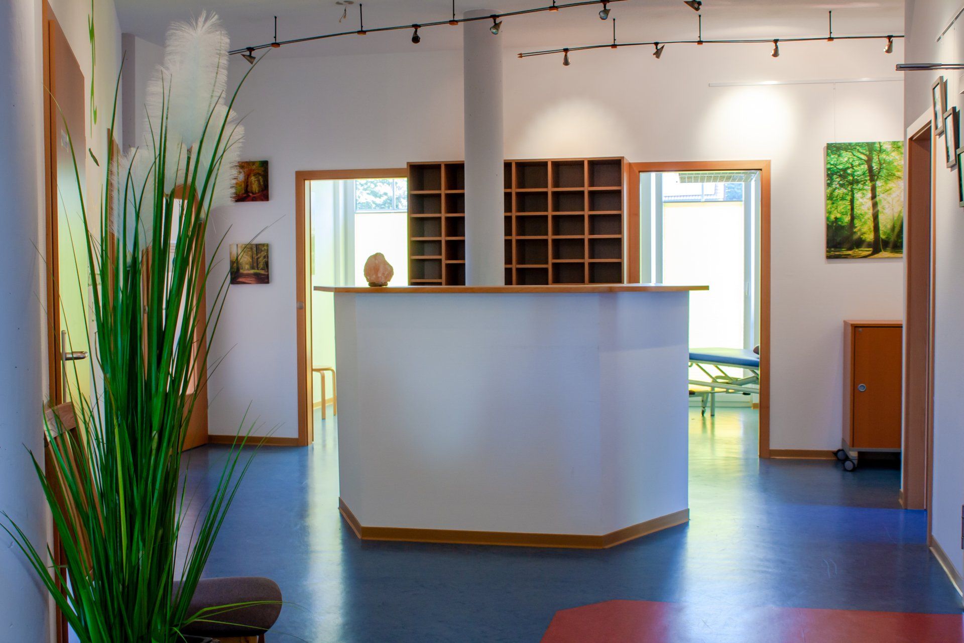 Der Flur in Neuenstein, ein Tresen steht vor einem leeren Regal, im Hintergrund sind zwei Behandlungsräume mit geöffneten Türen