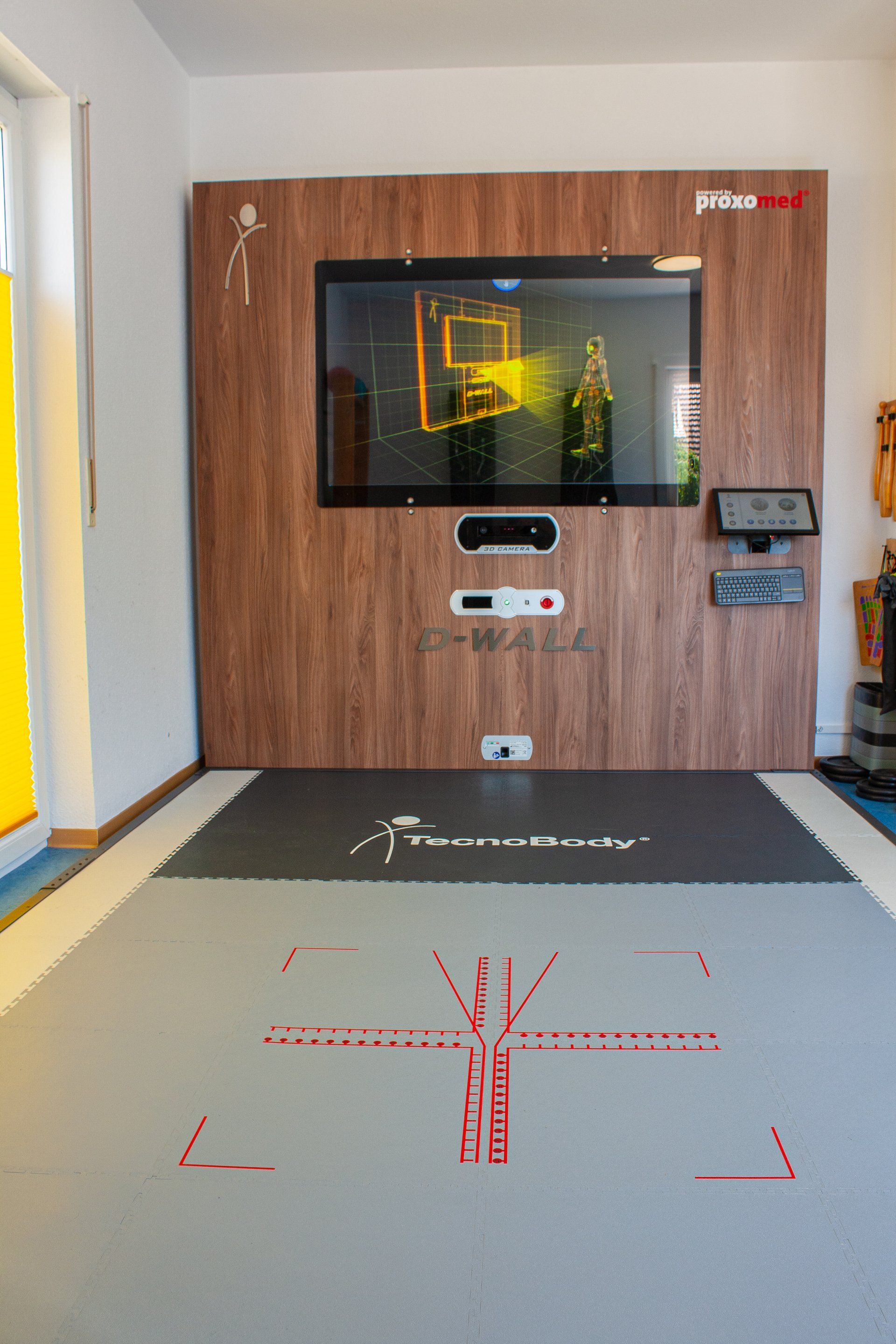 Frontalansicht auf die interaktive Trainingswand D-Wall, eine hölzerne Wand mit einem großen Bildschirm in der Mitte. Davor eine Bodenfläche mit integrierter Kraftmessplatte.