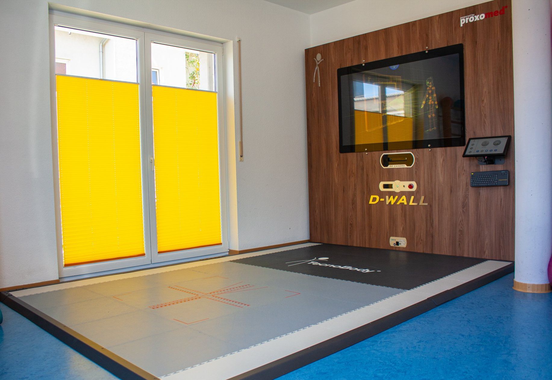 D-WALL Auf der rechten Seite befindet sich interaktive Trainingswand D-Wall, eine hölzerne Wand mit einem großen Bildschirm in der Mitte. Davor eine Bodenfläche mit integrierter Kraftmessplatte.
