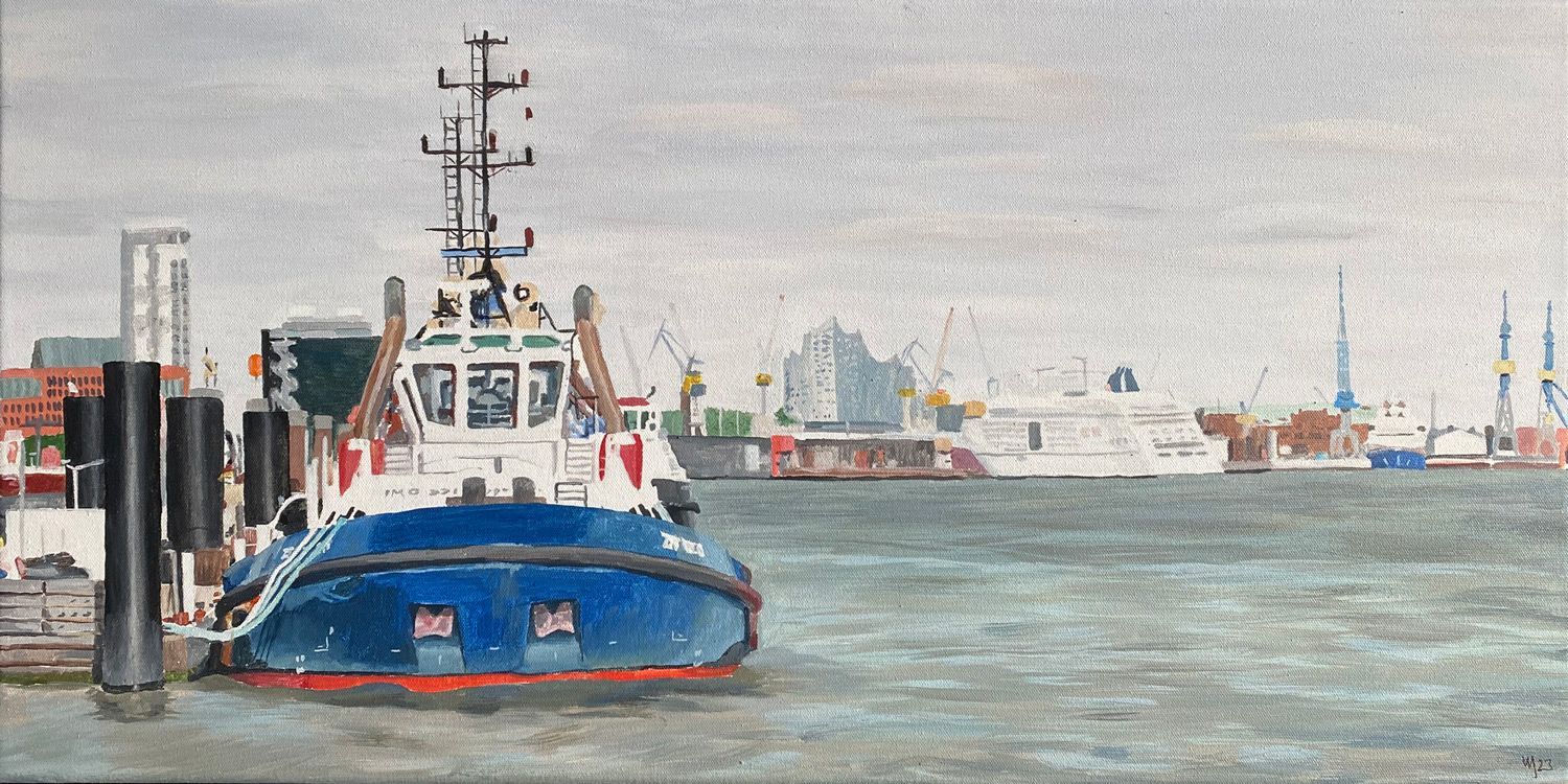 Schlepper Leinwand 80x40cm Hafen Hamburg Acryl Schlepper Leinwand 60x50cm gemalt Original