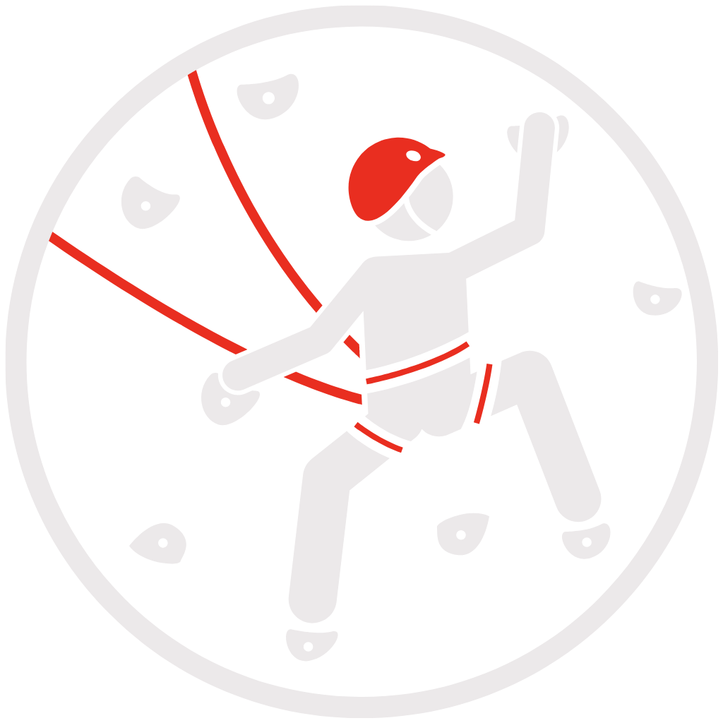 Ein kletternder Mensch mit roten Sicherheitsgurten welches die Sicherheit in DoSo hervorhebt