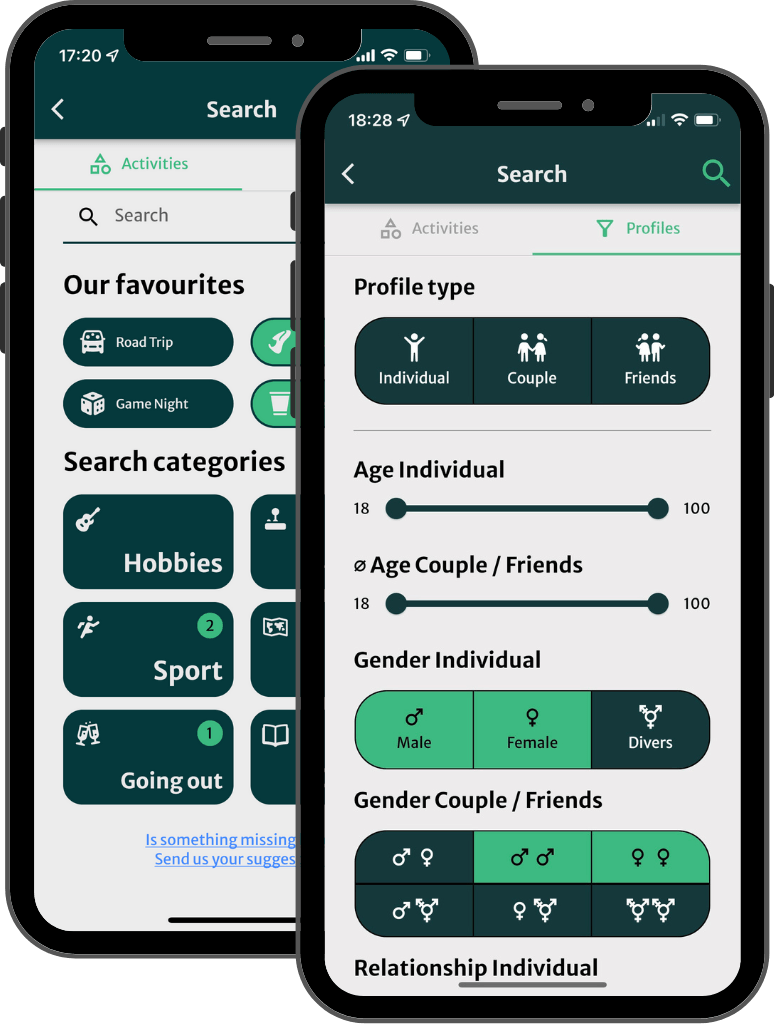 Die DoSo App in der Kategorieansicht des Aktivitätenfilters