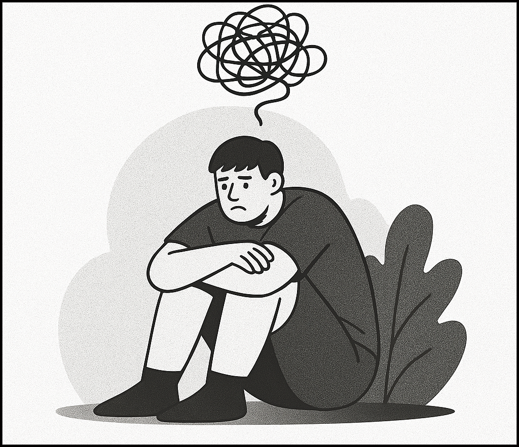 Les dérives du coaching : un risque pour le psychisme Homme la tête dans les genoux s'interrogeant sur les dérives du coaching : un risque pour le psychisme