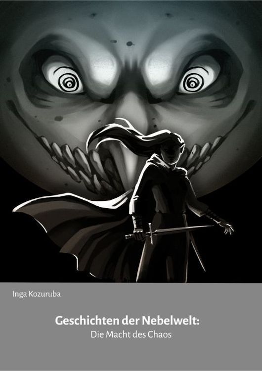 Das Cover der 3. Geschichte der Nebelwelt - die Macht des Chaos. Im Vordergrund ist eine von Schatten versteckte Figur mit wehendem Umhang und Haar zu sehen, die eine Waffe hält. Im Hintergrund ist ein riesiger Mond mit einem Grinsen zu sehen.