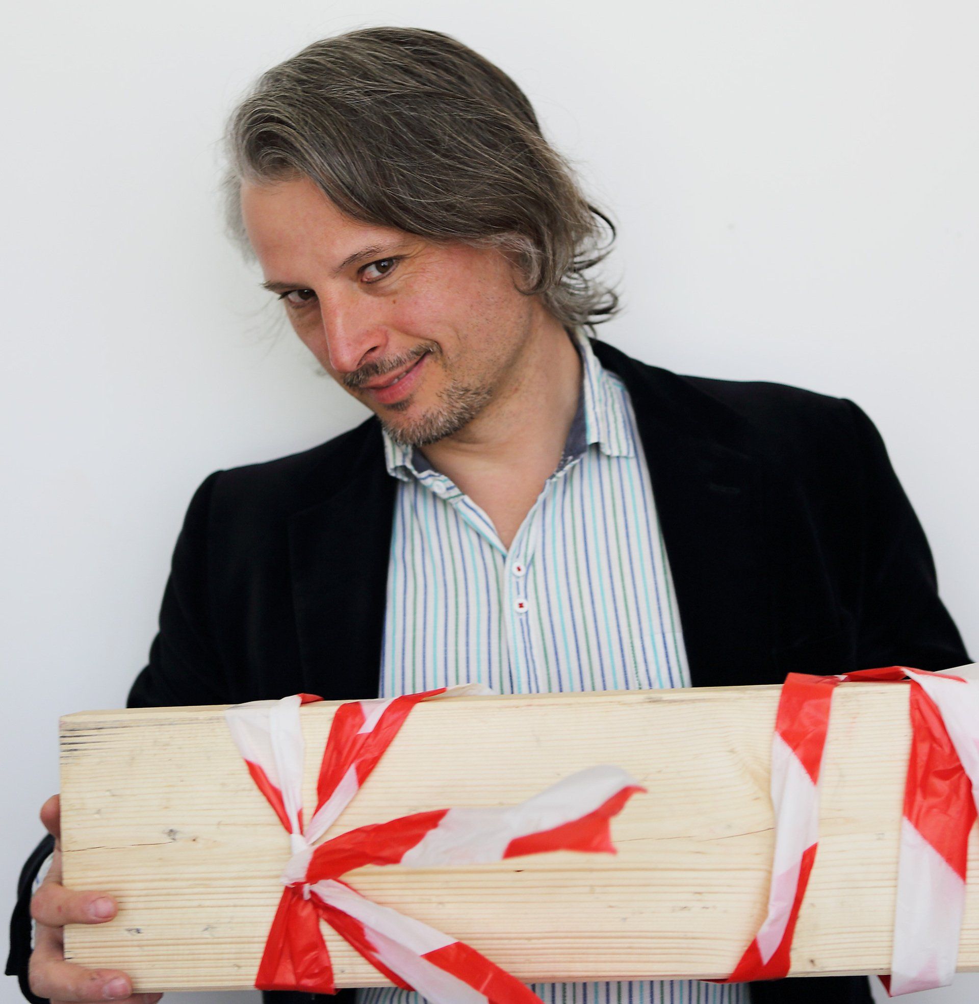 „Barrier Tape Art Sculpture No. 1“ by inventor of Barrier Tape Art, Sebastian Bieniek (B1EN1EK), 2020. Barrier Tape on wood. 63 cm. x 16 cm. x 6 cm. „Barrier Tape Art Sculpture No. 1“ by inventor of Barrier Tape Art, Sebastian Bieniek (B1EN1EK), 2020. Barrier Tape on wood. 63 cm. x 16 cm. x 6 cm.